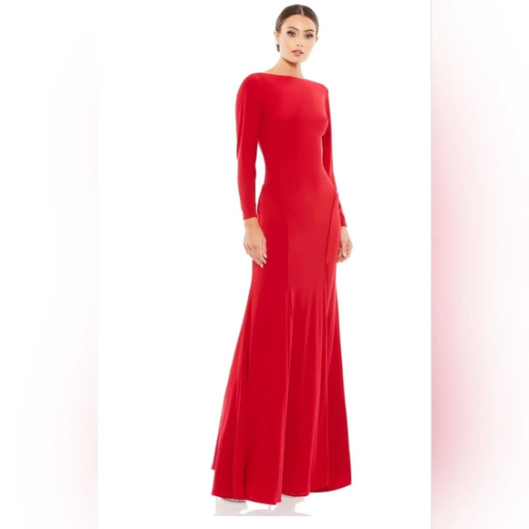 Ieena for Mac Duggal, Long Sleeve  Cowl Back Jersey Gown, Red,‎ Size 6 - NWT - Picture 1 of 11
